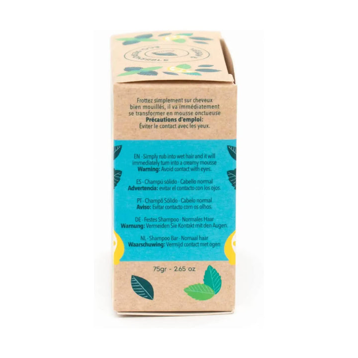 Round mint-green solid shampoo bar with paper wrap, 75 g, lemon accent
