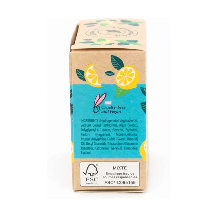 Round mint-green solid shampoo bar with paper wrap, 75 g, lemon accent