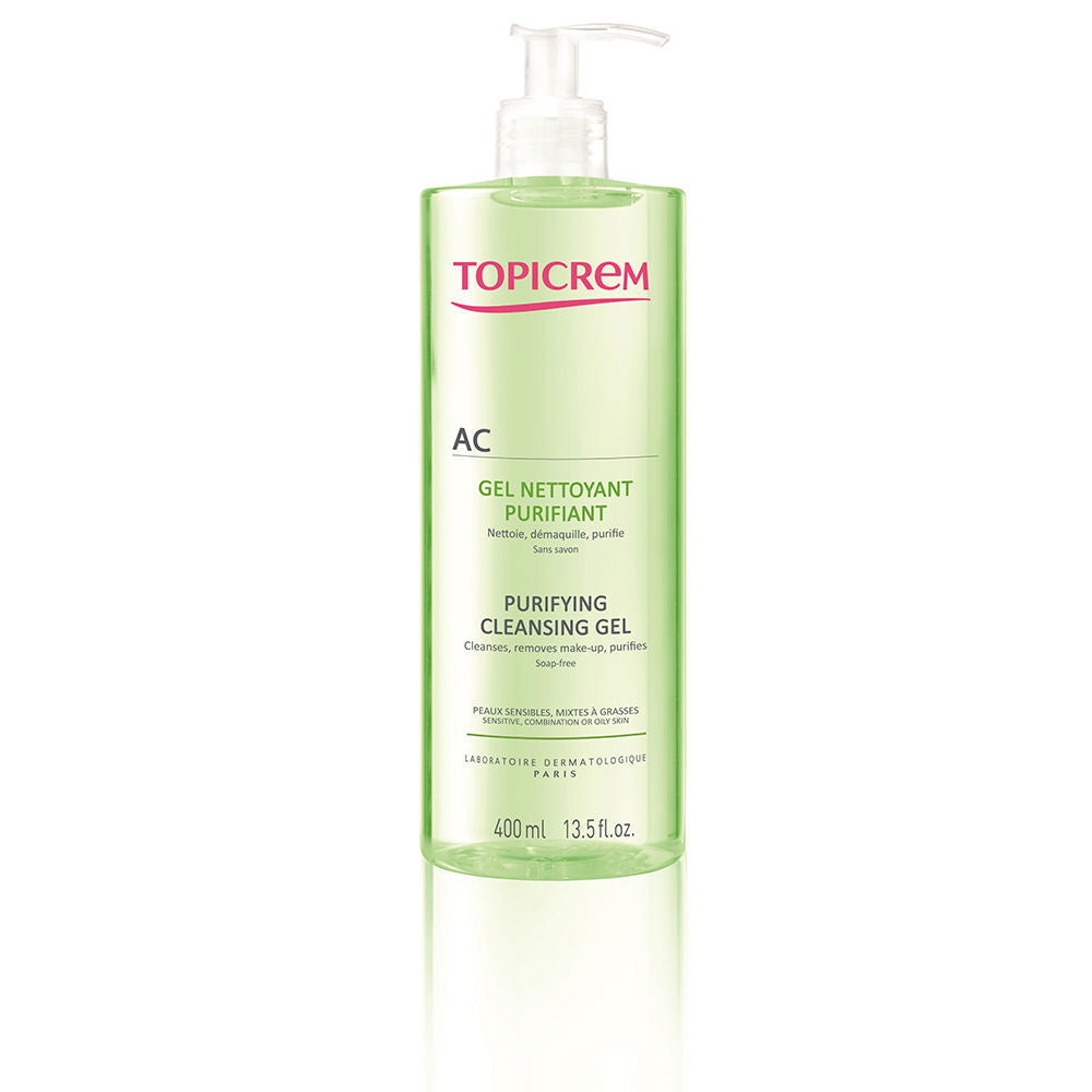 Topicrem Light green liquid gel in transparent plastic pump bottle with printed label, refined modern design