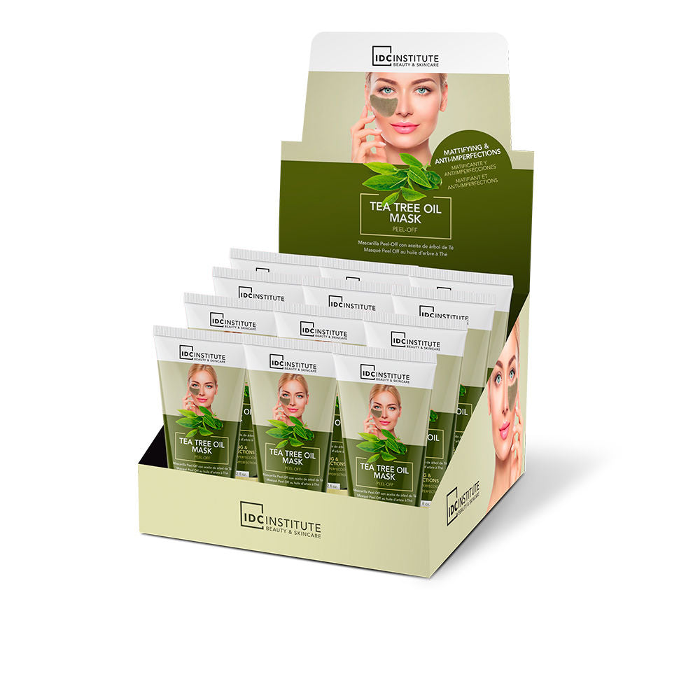 IDC Institute Green and white plastic tube and box showing tea tree leaves, peel-off mask tube with application image