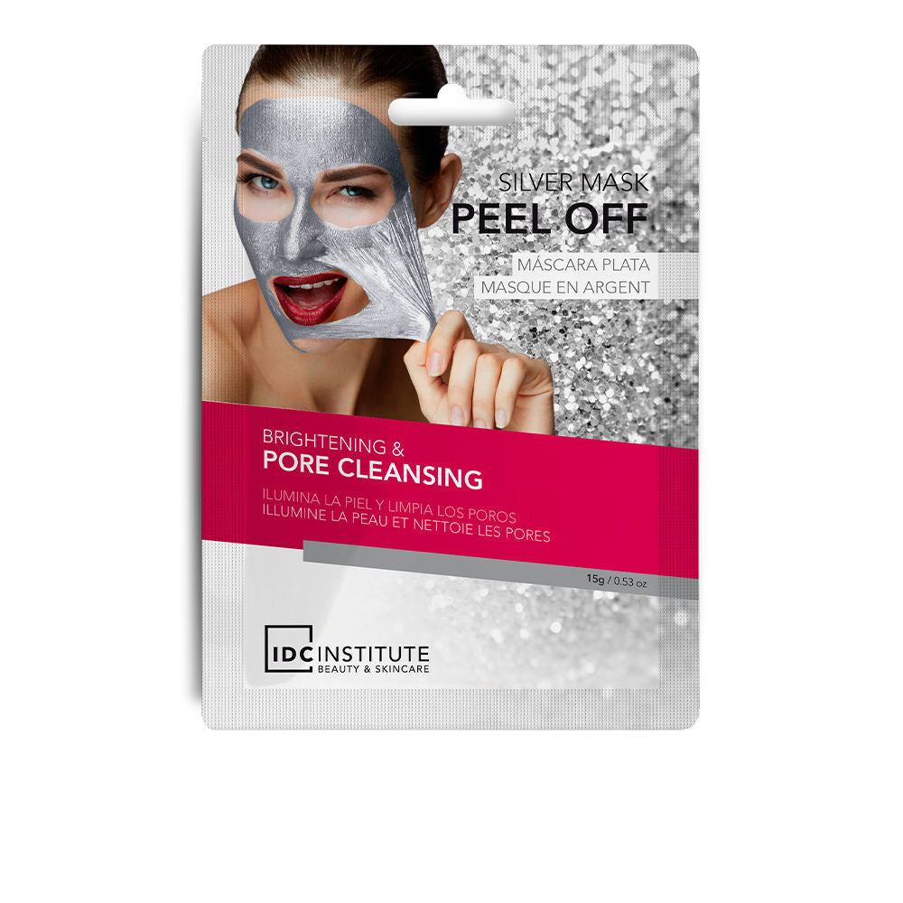 Silver peel-off face mask with reflective sheen, partially removed to reveal skin — IDC Institute.