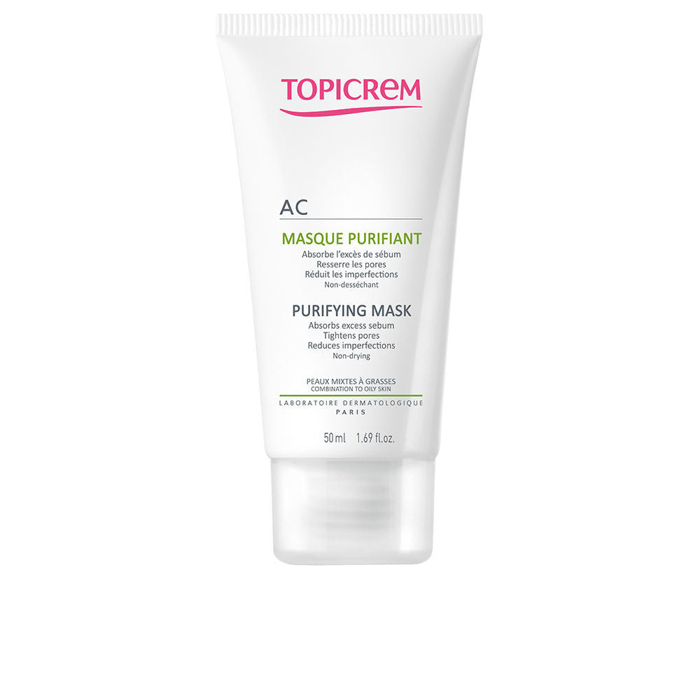 Topicrem White plastic tube purifying mask with flip-top cap, printed logo and text, clean minimalist composition