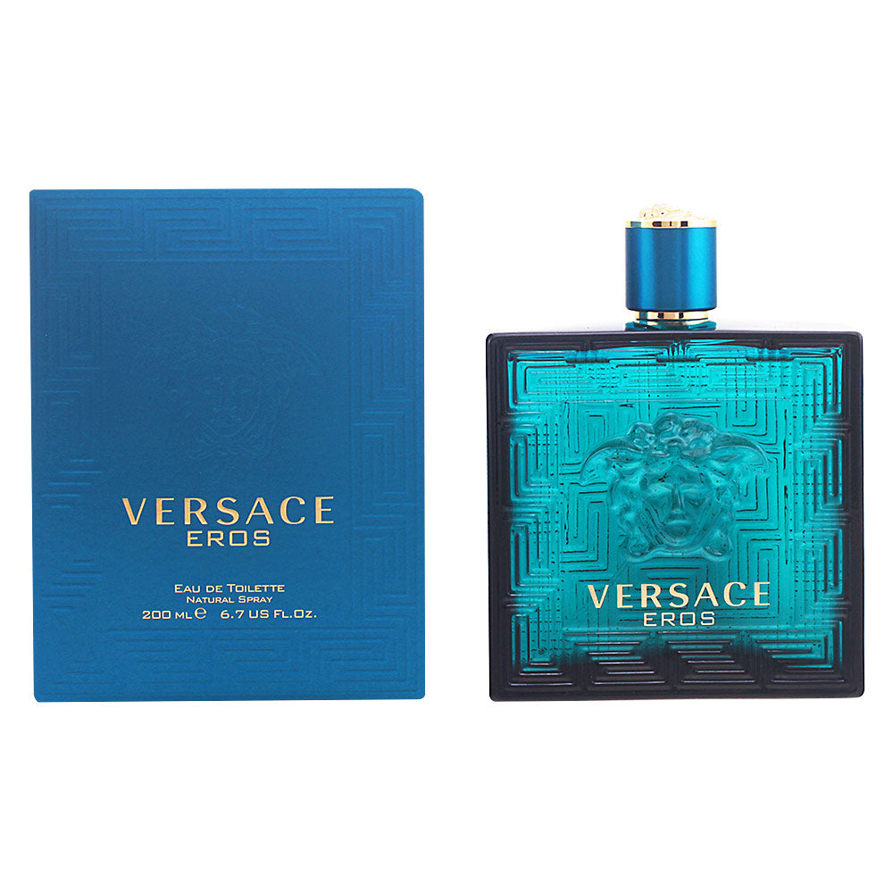 Rectangular blue glass perfume bottle with Greek key frieze and medusa relief, 50 ml