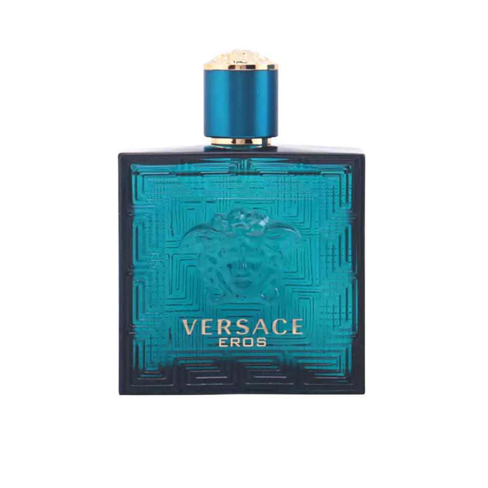 Blue rectangular glass flacon with Greek frieze and Medusa relief, 100 ml