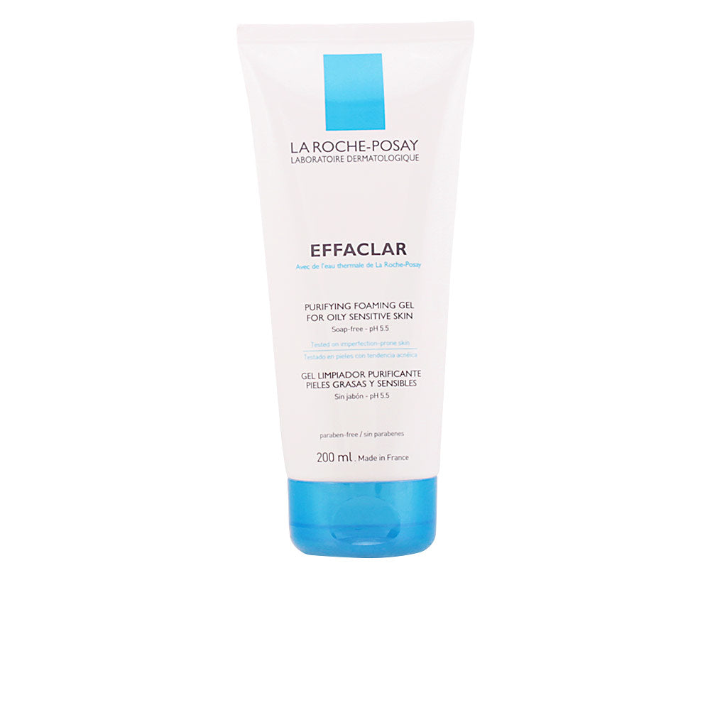 White plastic tube with blue cap and rectangular logo, front-printed text and flip-top cap, la Roche Posay