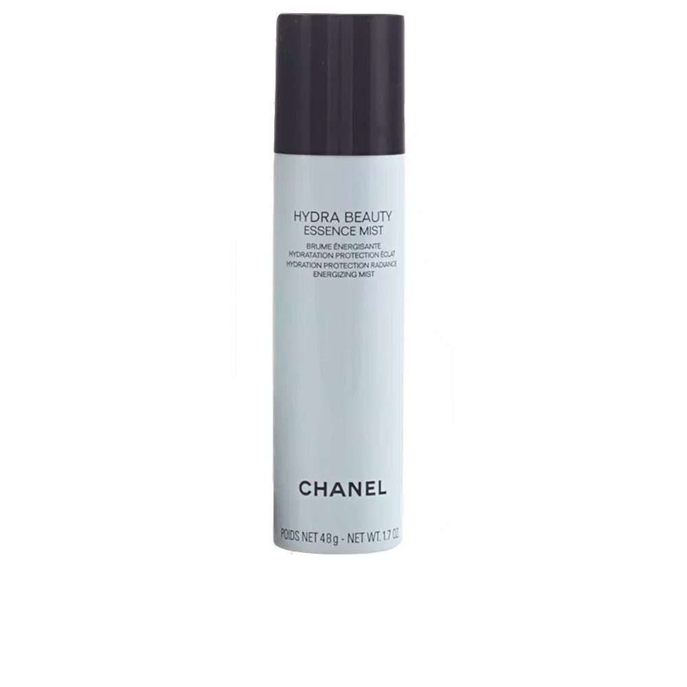 Chanel Light blue and black cylindrical plastic facial mist with spray cap, printed text and logo