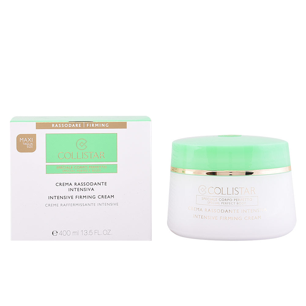 Collistar Round white cream jar with green lid and gold band beside matching boxed packaging, minimalist printed text