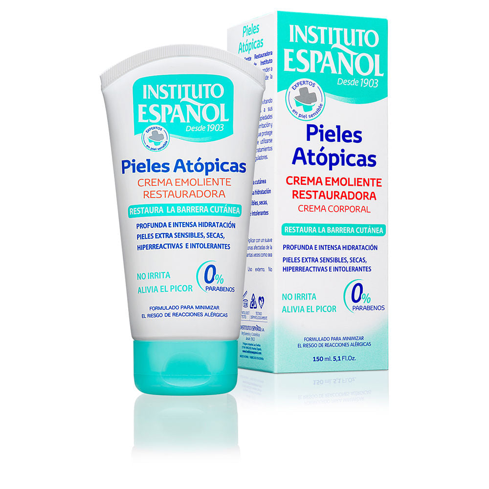 Instituto Español White and turquoise emollient cream tube and box, plastic tube with multicolor printed text, 150 ml