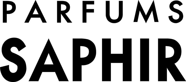 Parfums Saphir Glass eau de parfum bottle with raised circular texture, clear liquid, black label, silver cap
