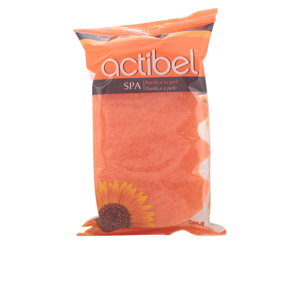 Orange rectangular bath sponge with scalloped edges, visible textured sponge surface, sunflower-packaged, Calypso