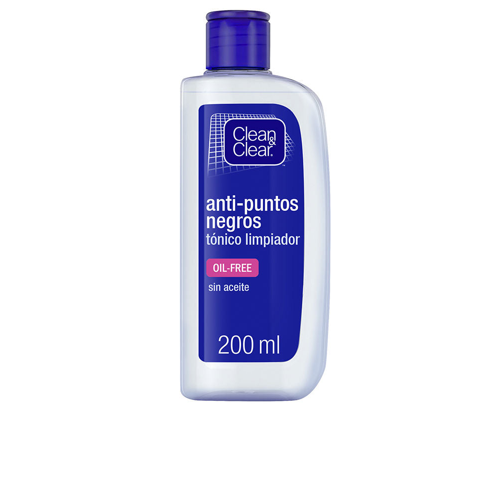 Blue, white, and pink plastic tonic cleanser bottle with flip-top cap and rectangular label, Clean &amp; Clear.