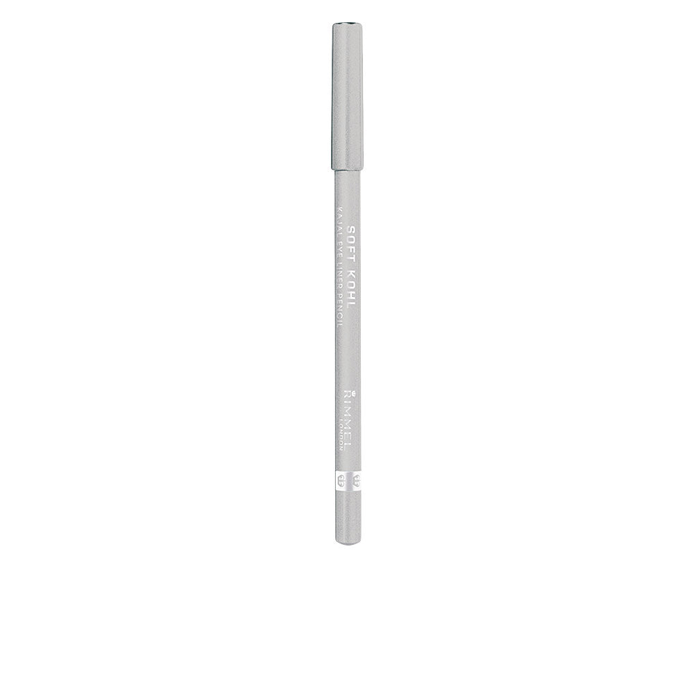 Rimmel Slim silver-grey eyeliner pencil with cap, minimalist plastic/wood body beside soft smudge swatch