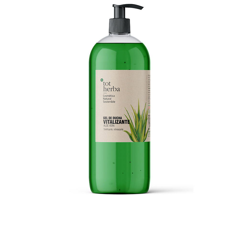 Tot Herba Clear green shower gel in transparent plastic bottle with pump, rectangular label and aloe illustration