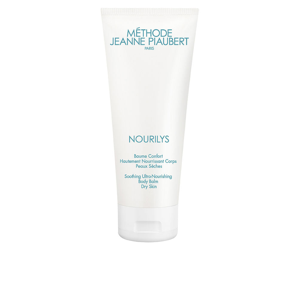Jeanne Piaubert White plastic tube body balm with flip-top cap, printed logo and product description visible