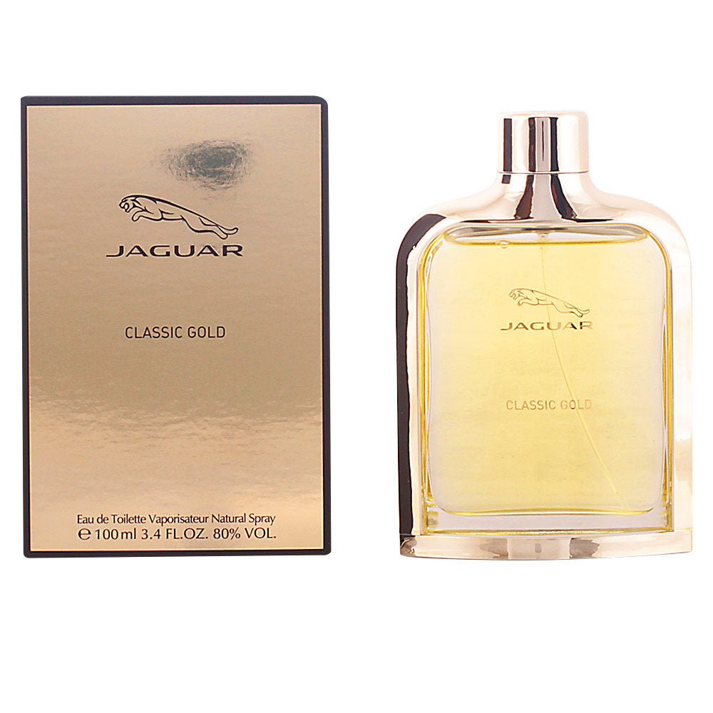 Jaguar Gold men's eau de toilette bottle in golden tone, woody-fruity fragrance