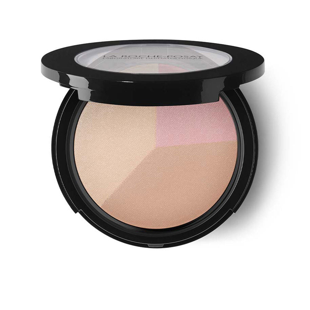 Round plastic compact with transparent lid, divided multi-shade powders in black, beige, pink, light brown — la Roche Posay