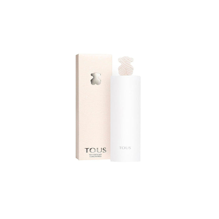 Tous Light pink rectangular glass perfume bottle with bear-shaped cap, textured cardboard box, silver logo