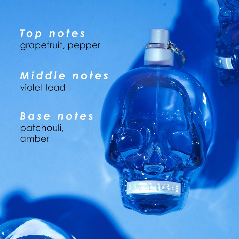 Blue clear glass skull-shaped 75 ml eau de toilette spray for Man