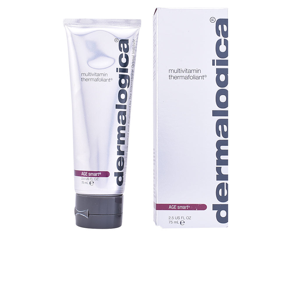 Dermalogica Minimalist white tube and box of facial exfoliant with purple label strip, black flip cap, vertical text, plastic tube