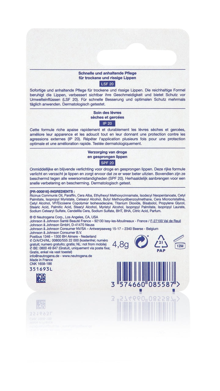 Neutrogena White plastic cylindrical lip balm with twist-up mechanism, printed text, logo, and Norwegian flag symbol