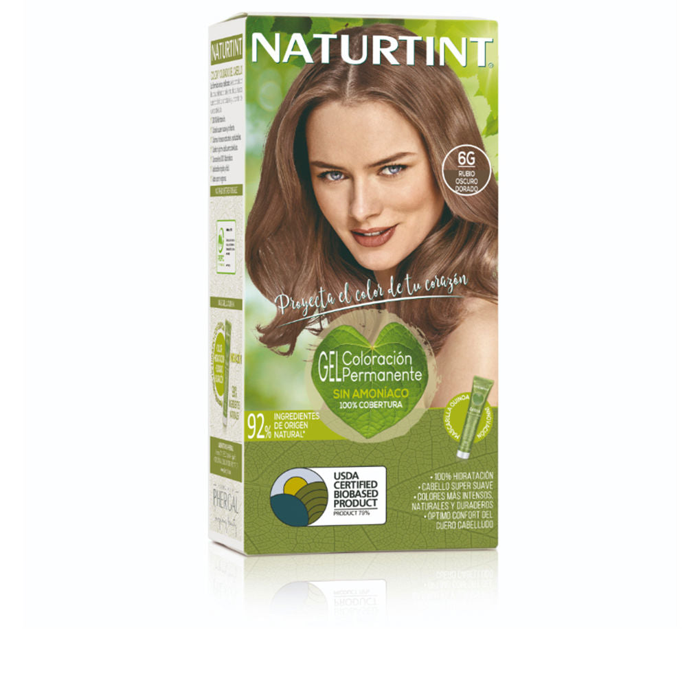 Tube and developer pack of 6G dark golden blonde ammonia-free gel hair colour, plus quinoa mask