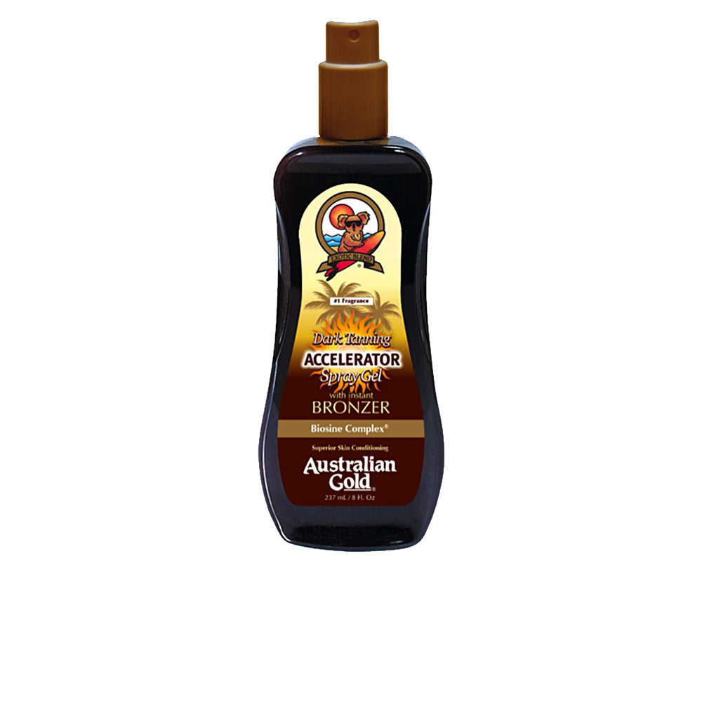 Australian Gold Brown, gold and black plastic spray gel bottle with curved shape, koala logo label and nozzle