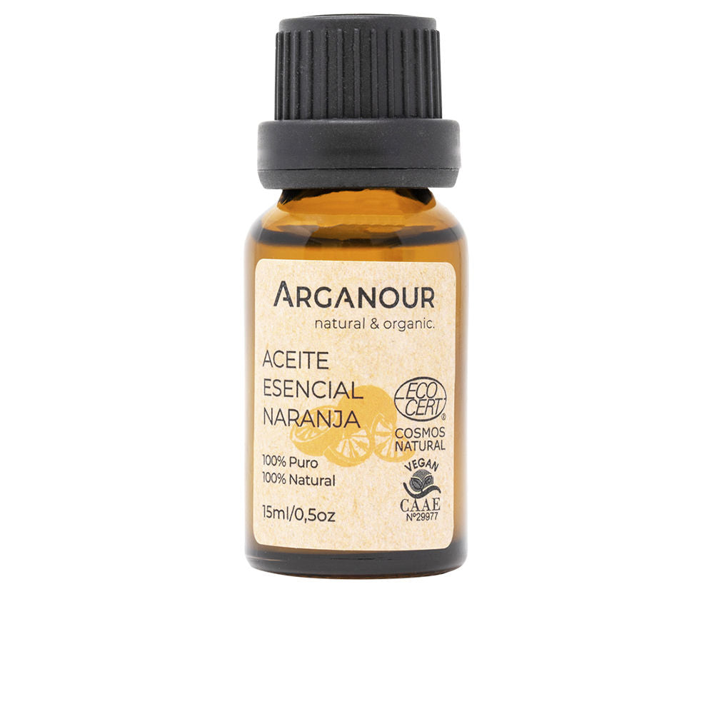 Arganour Amber glass essential oil bottle with black screw cap and beige label showing text and logos