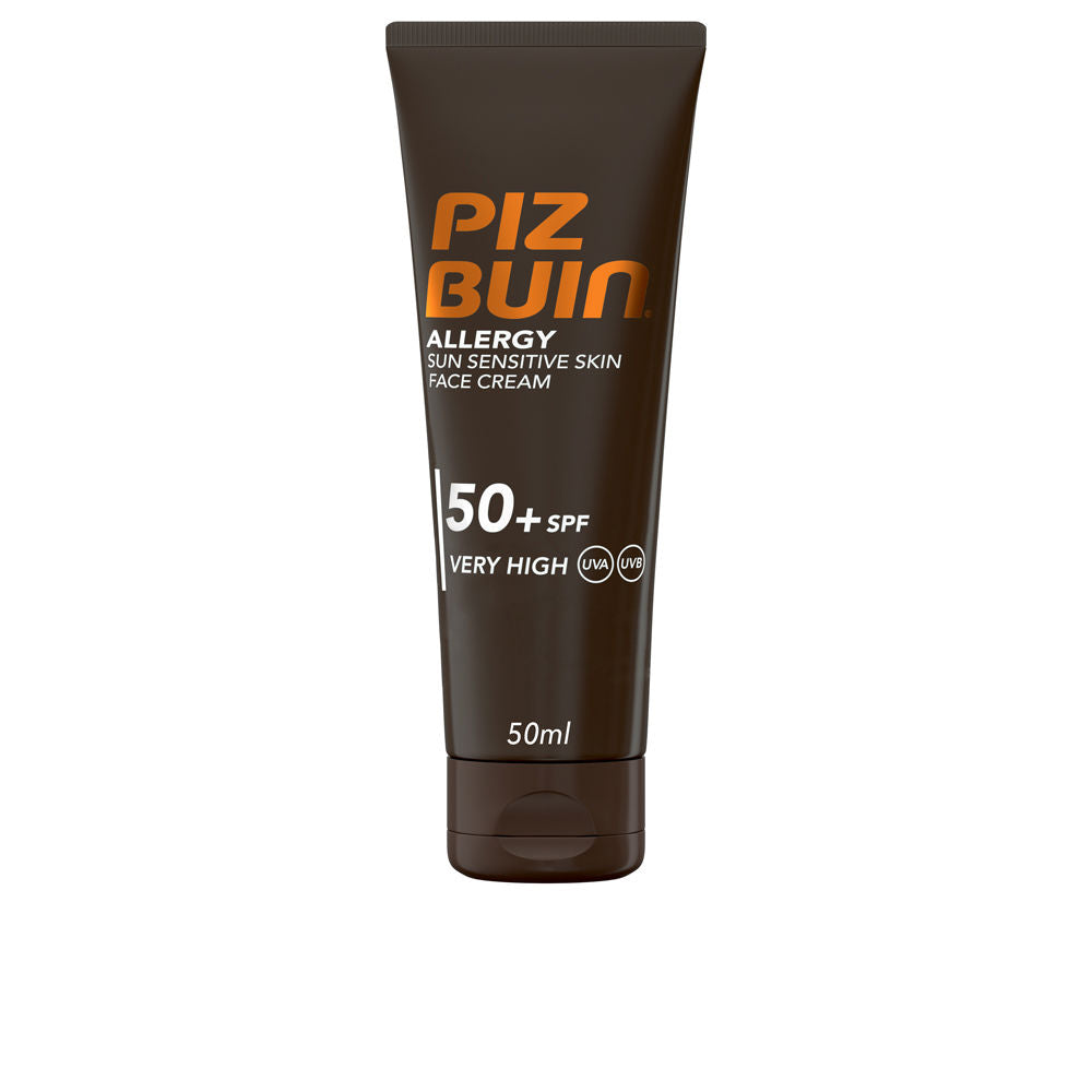 Tube of Piz Buin Allergy face cream SPF 50+ on a neutral background