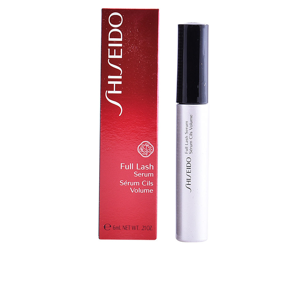 Shiseido lash and brow serum in red, white and black tube with box, minimalist modern styling.
