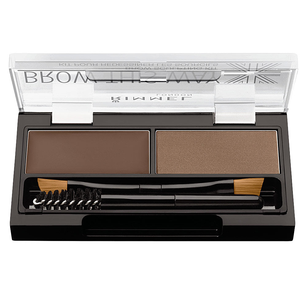 Rimmel eyebrow kit with two brown shades, small angled brush, spoolie brush, clear hinged plastic lid