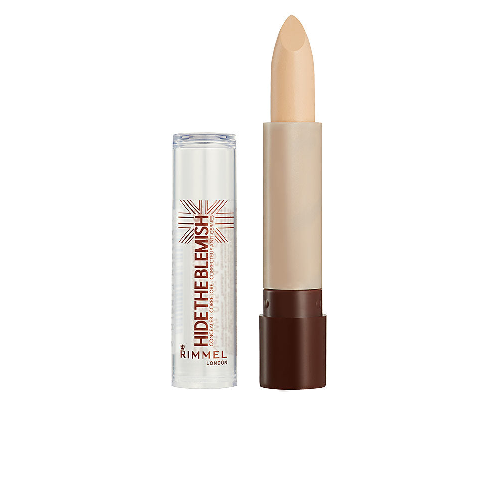Rimmel concealer stick in beige and brown plastic tube with twist-up stick and clear cap