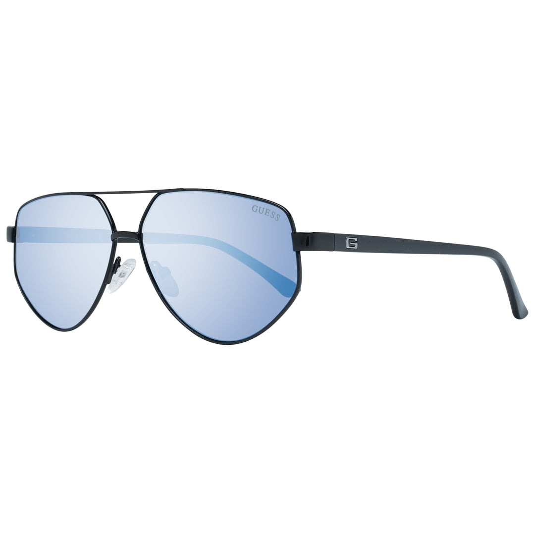 Black metal aviator sunglasses with blue lenses and plastic nose pads, Guess logo on temple