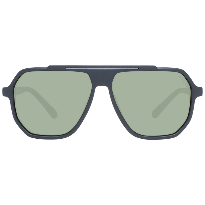 Dark gray plastic rectangular sunglasses with green lenses, double bridge, and logo on temple