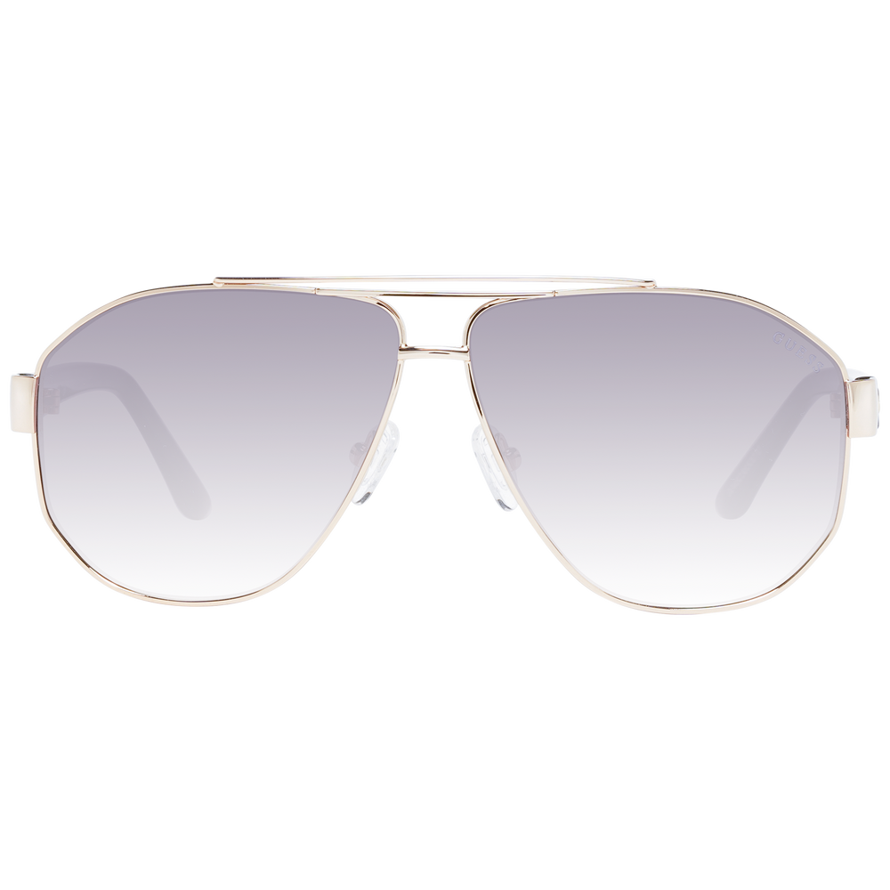 Gold metal aviator sunglasses with double bridge, grey gradient lenses and black plastic temples, logo on temple