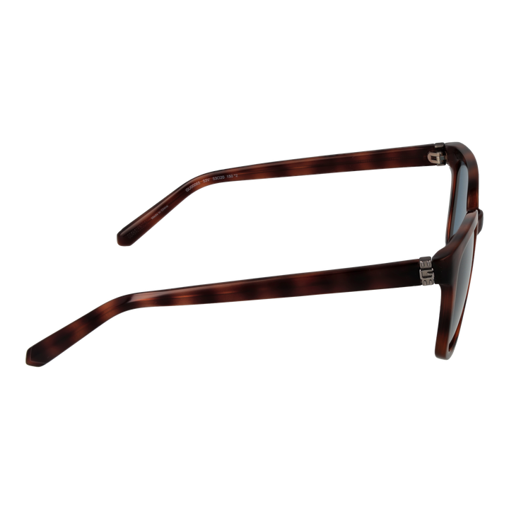 Tortoise brown plastic square sunglasses with blue lenses and metal logo on temples, Unisex