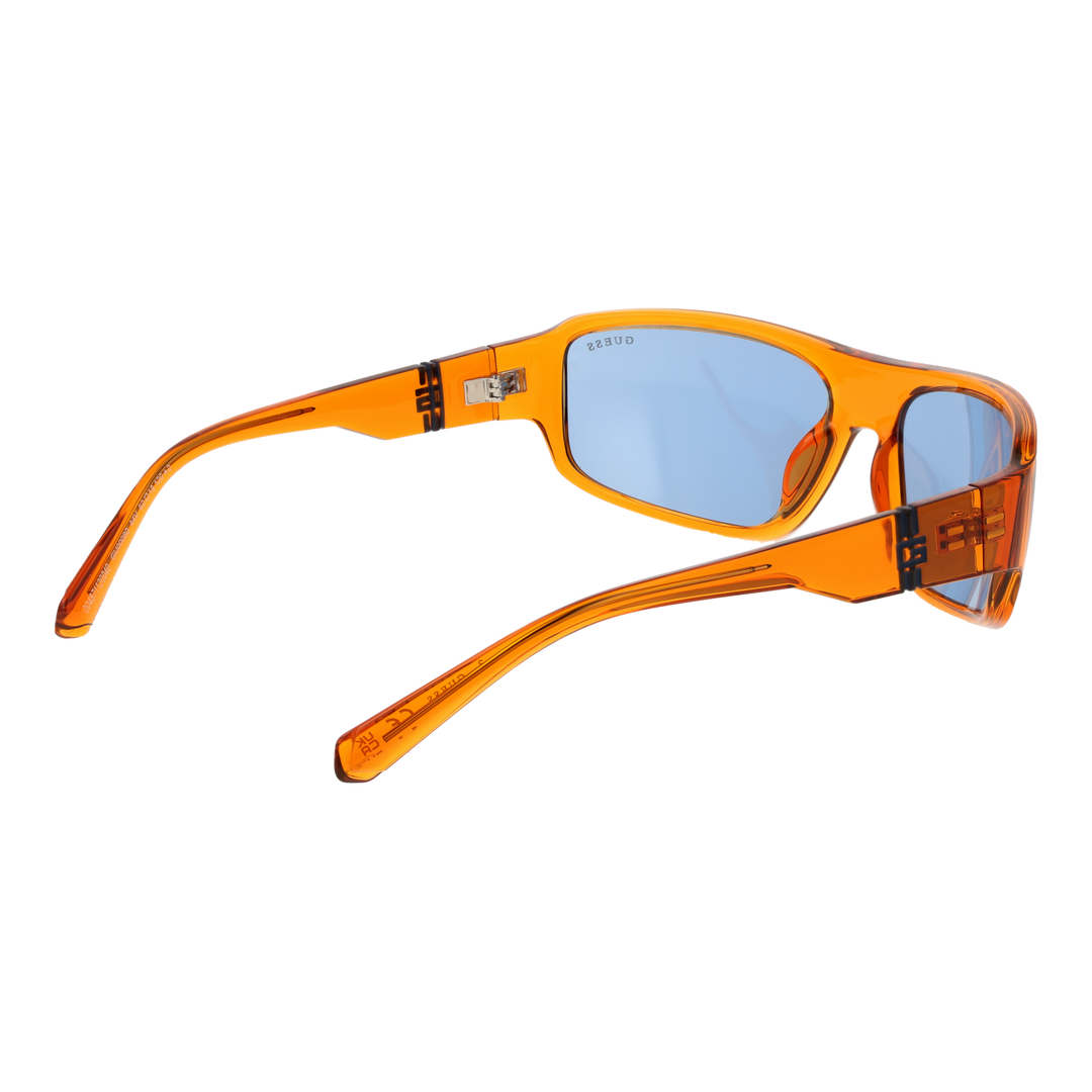 Transparent orange plastic sport sunglasses with rectangular blue lenses and visible logo on lens and temples