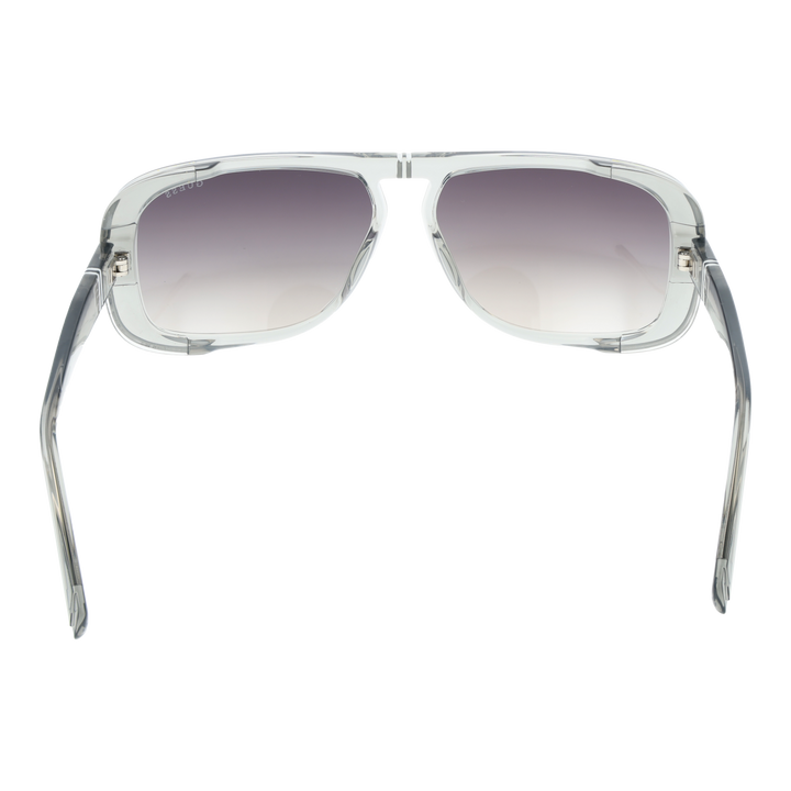 Transparent gray rectangular sunglasses with double bridge and gradient dark lenses, logo on lens and temples