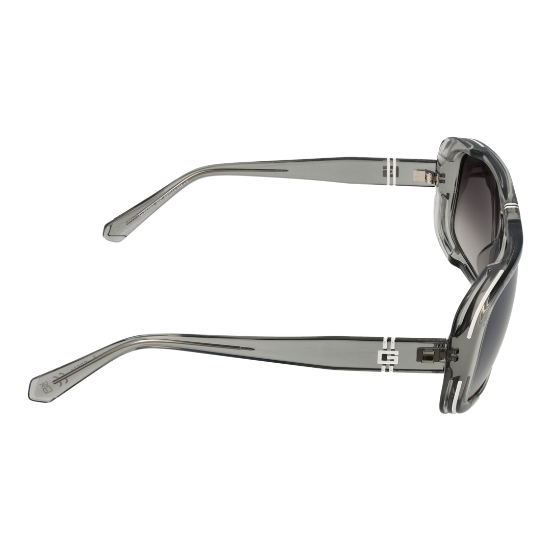 Transparent gray rectangular sunglasses with double bridge and gradient dark lenses, logo on lens and temples