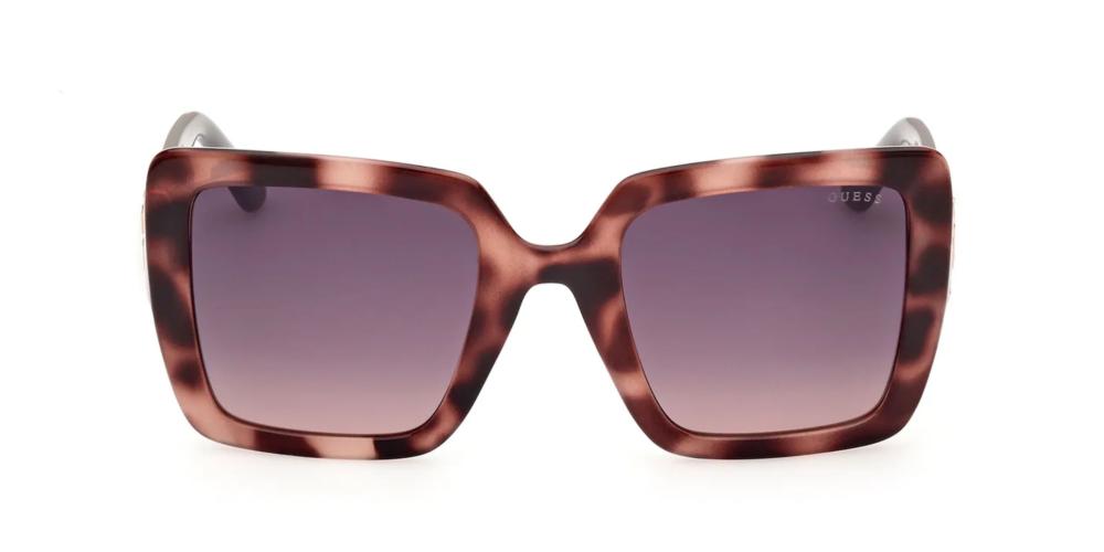 Brown tortoiseshell oversized square sunglasses, purple gradient lenses, gray arms, gold G logo on temples