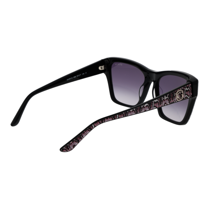 Black, pink and purple cat-eye sunglasses with animal-print edges and gradient lenses, Guess logo on temple