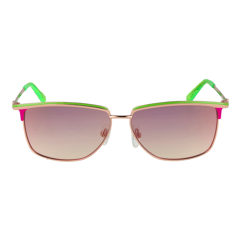 Rose gold thin metal aviator sunglasses with gradient pink-green lenses and colored temple tips on white
