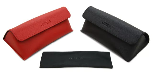 Black and red cat-eye sunglasses with gradient lenses, logo on temple, leather case and cleaning cloth