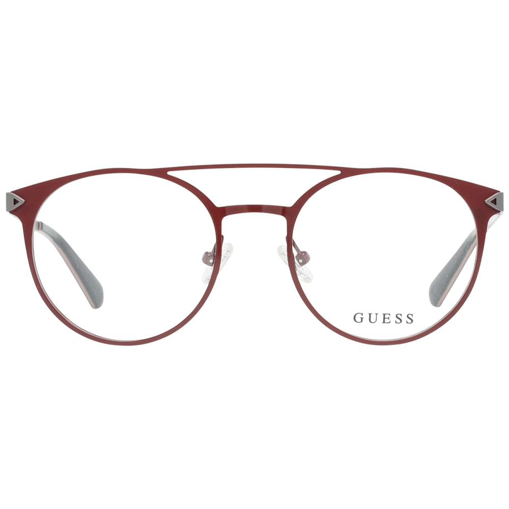 Maroon round eyeglasses in thin silver metal with double bridge and adjustable nose pads, modern Unisex frame