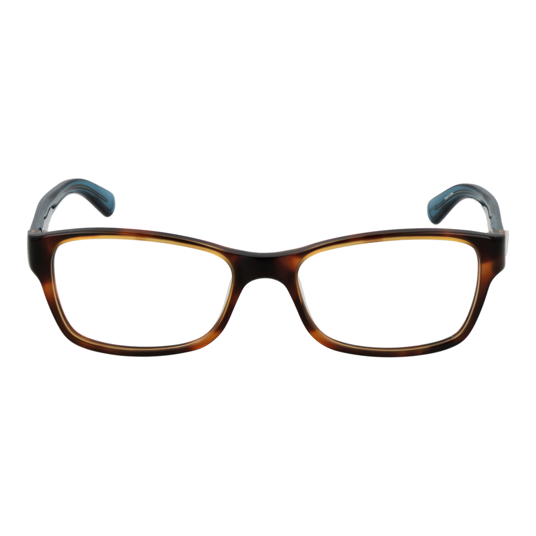 Brown and blue plastic rectangular eyeglasses with patterned temples and metallic G logo, front three-quarter view