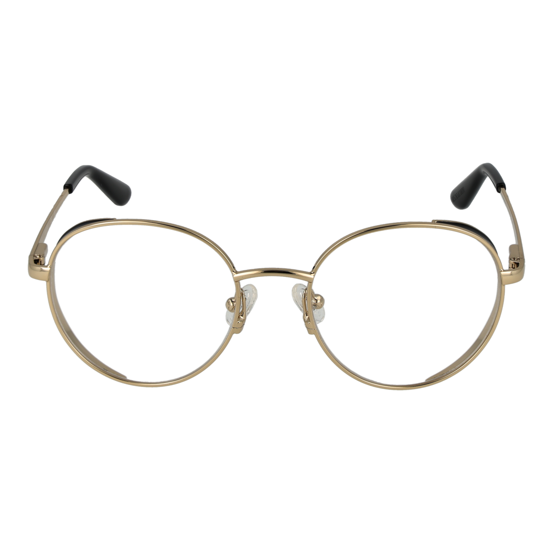 Unisex gold metal round eyeglasses with thin frame and black temple tips, front view on white background.