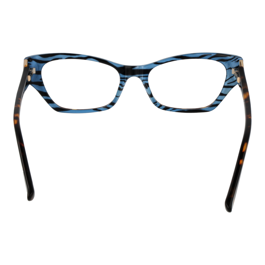 Tortoiseshell cat-eye eyeglasses in brown-black plastic with blue triangular G logo on temples, angled view