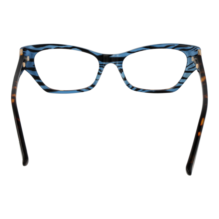 Tortoiseshell cat-eye eyeglasses in brown-black plastic with blue triangular G logo on temples, angled view