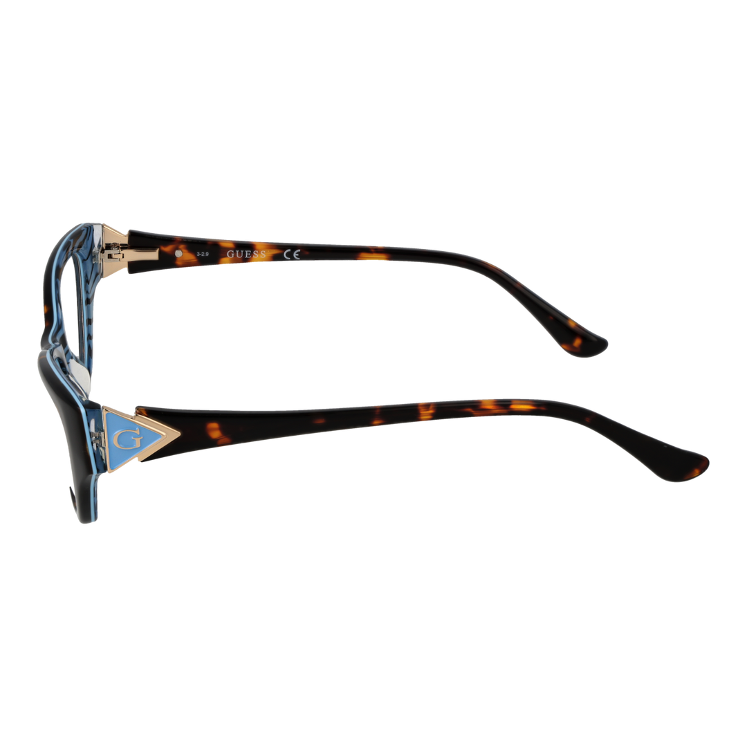 Tortoiseshell cat-eye eyeglasses in brown-black plastic with blue triangular G logo on temples, angled view