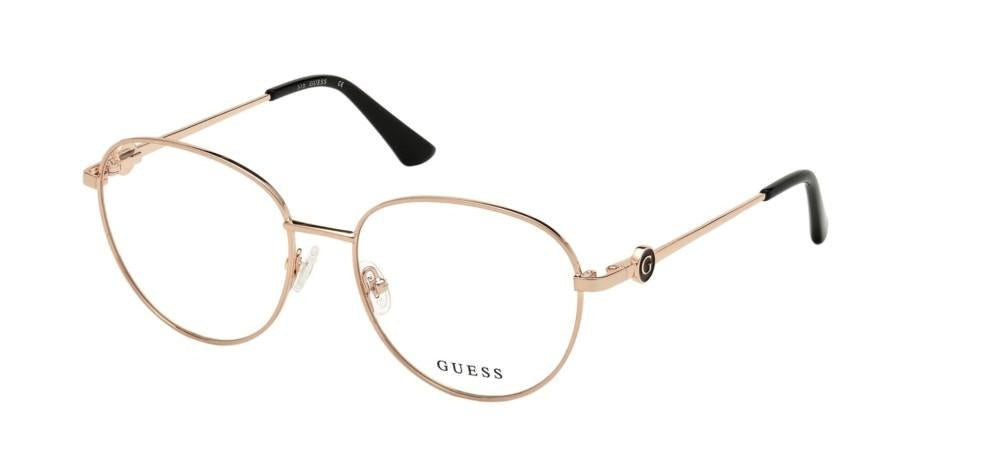 Rose gold metal cat-eye eyeglasses with thin frame, black temple tips, and logo hinge viewed three-quarter