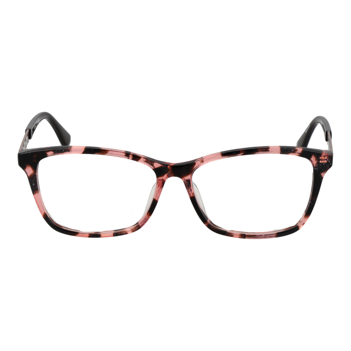 Pink and black tortoiseshell full-rim rectangular eyeglasses with rose-gold metal temple accents displayed front angle